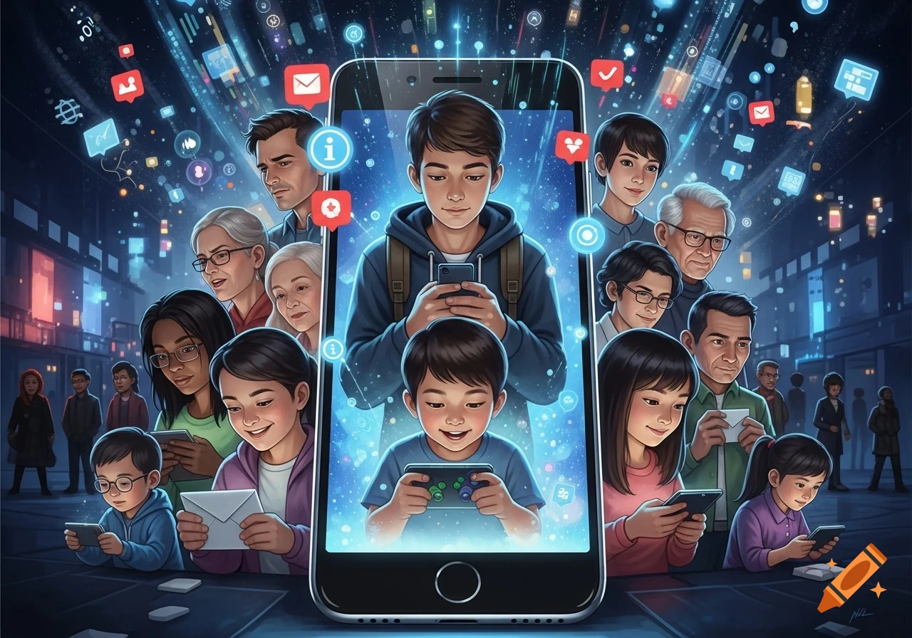 Digital illustration of diverse people of all ages using smartphones, surrounded by glowing social media icons and data streams, with a central phone.