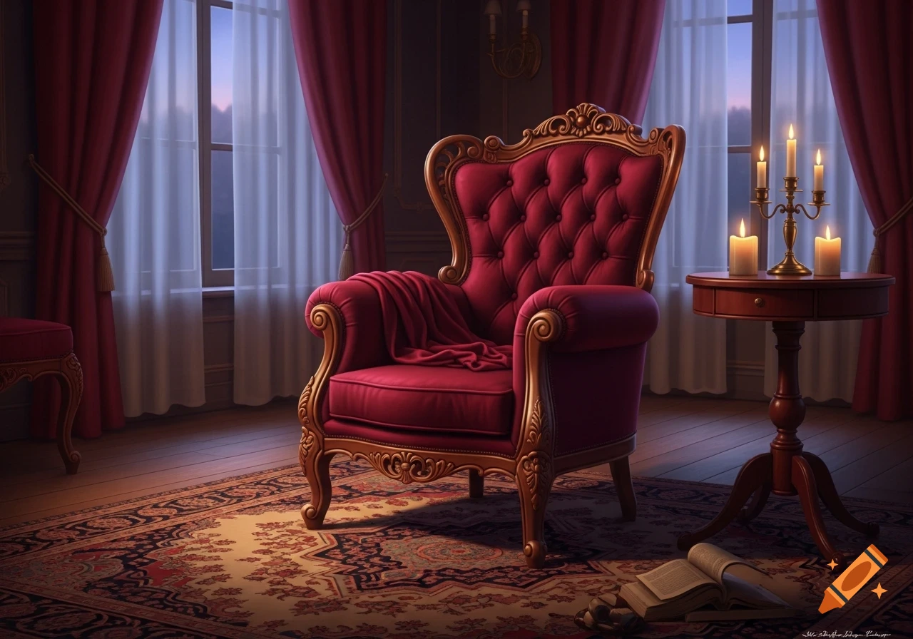 Elegant red velvet armchair in a dimly lit room with heavy curtains, a candelabra, and a book on an ornate rug.