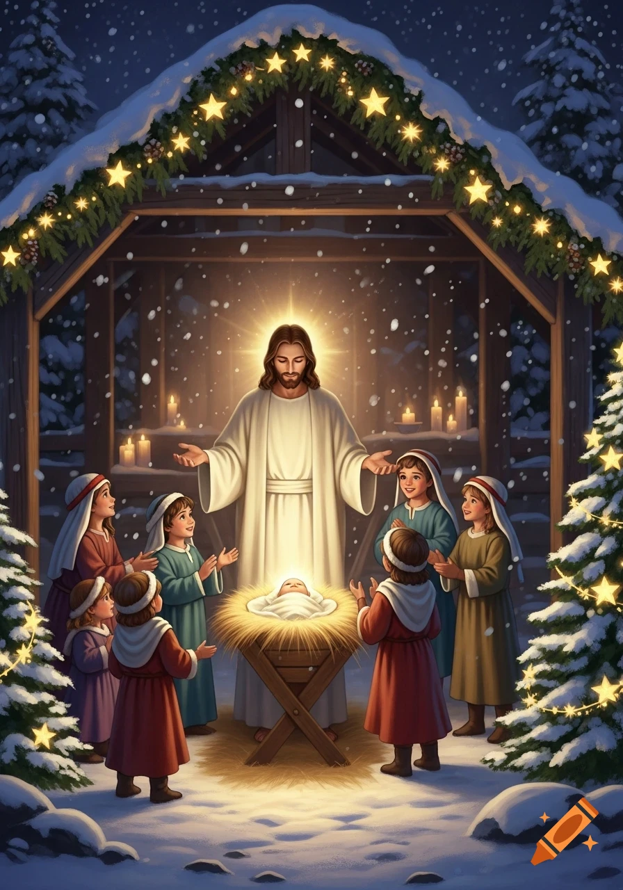 Stylized illustration of Jesus and children gathered around baby Jesus in a manger in a snowy Christmas nativity scene.