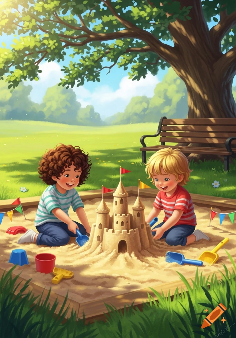 Two happy children build a sandcastle in a sunny park sandbox with colorful toys, in a cheerful illustration.