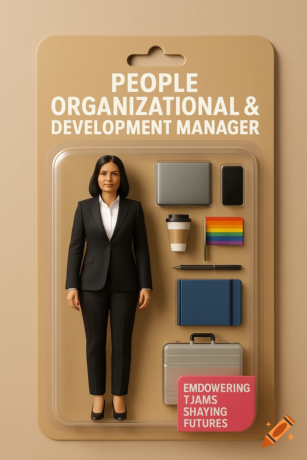 Hyperrealistic 3D render of a professional woman action figure in a toy package with business accessories including a pride flag.