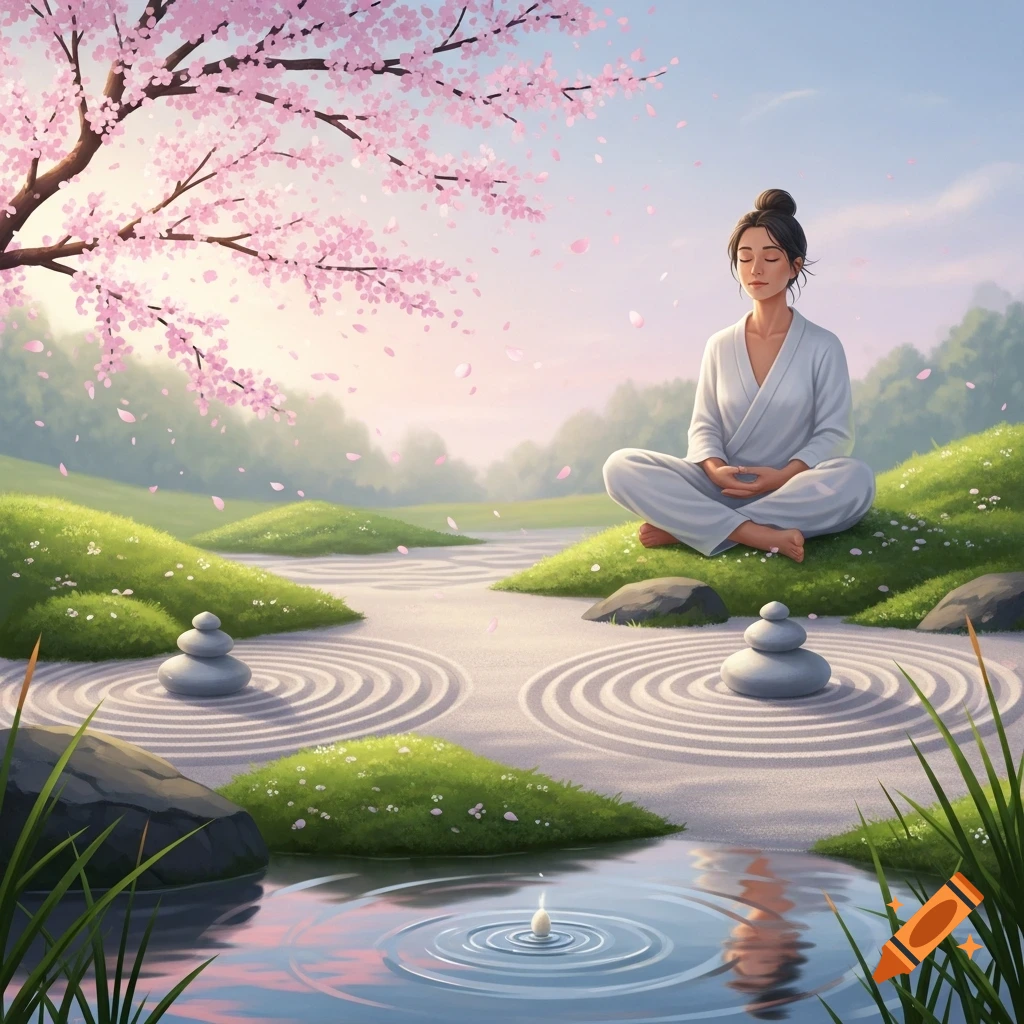 A woman meditates peacefully in a serene zen garden with raked sand, a tranquil pond, and falling cherry blossoms.