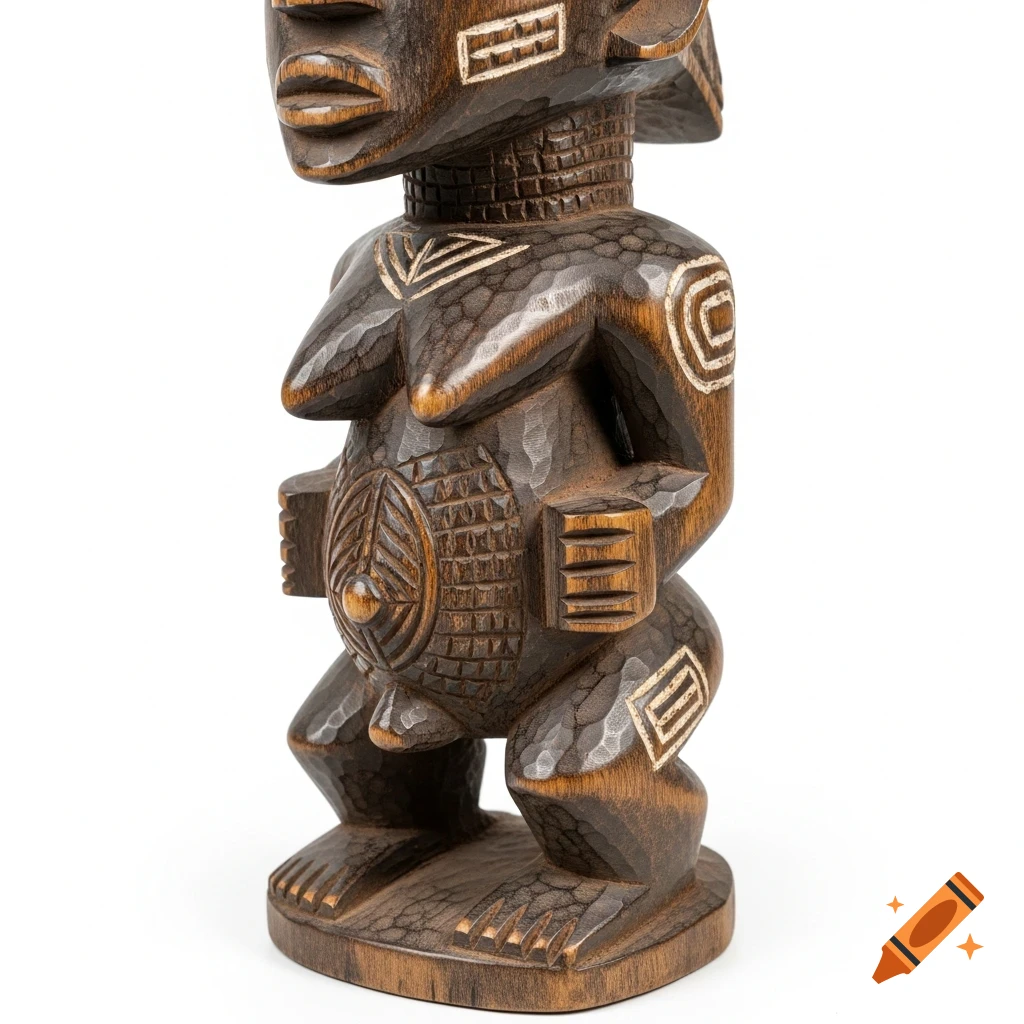 Hand-carved dark wood African fertility deity statuette with traditional markings on a white background.
