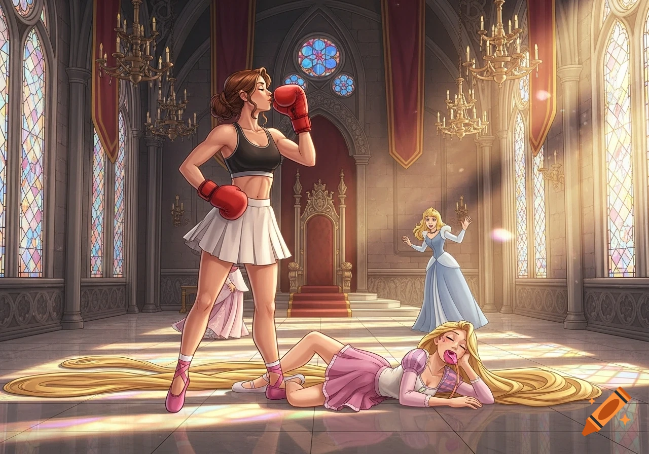 A princess boxer in a sports bra and skirt kisses her red glove, while Rapunzel is knocked out on the floor, and Cinderella looks shocked in a castle throne room illustration.