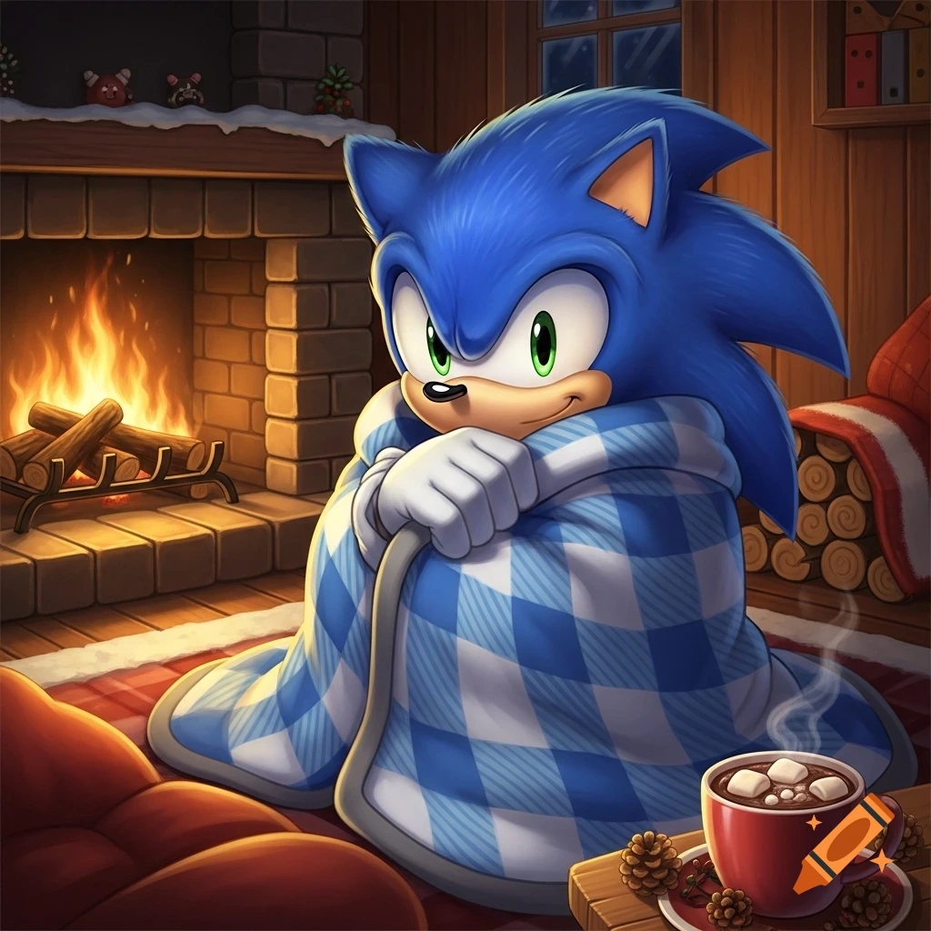 Sonic the Hedgehog wrapped in a blue and white plaid blanket, sitting by a warm fireplace with hot cocoa, digital illustration.