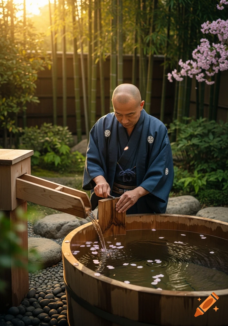 A bald man in traditional Japanese clothing fixes a wooden hot tub in a serene garden with bamboo and cherry blossoms.