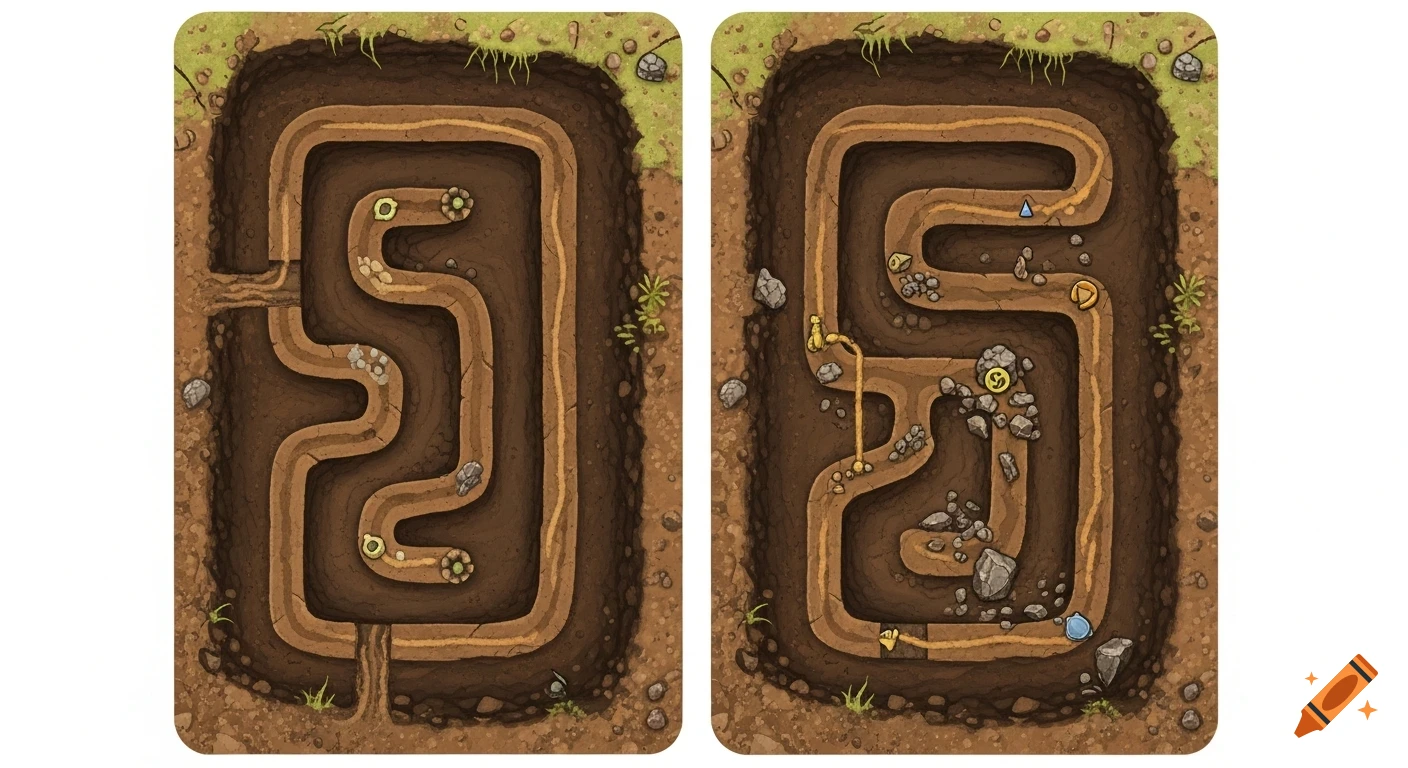 Two cartoonish tabletop game cards side by side, showing underground pit systems with tunnels, rocks, and small items.
