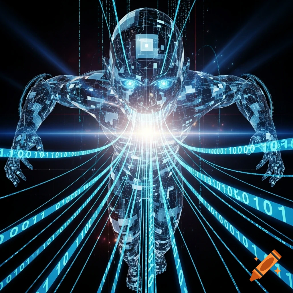 A futuristic digital humanoid AI figure with glowing eyes, surrounded by streams of binary code flowing into its core.