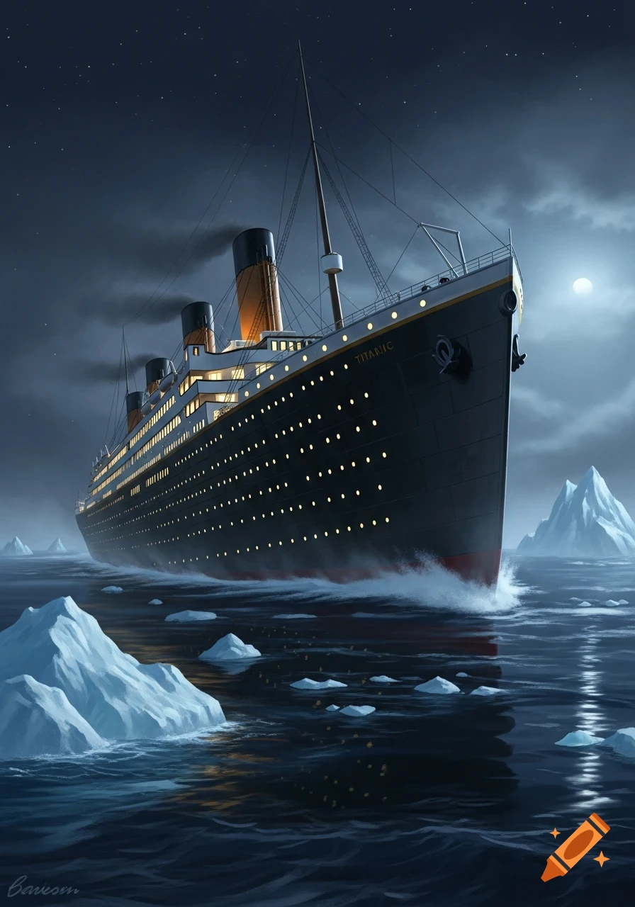The Titanic, a grand passenger liner, sails through an icy sea under a moonlit, starry night sky, surrounded by icebergs.