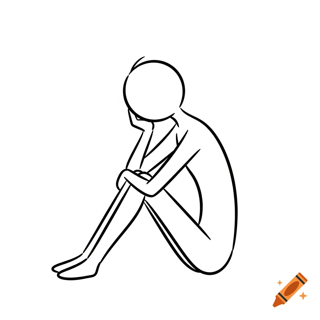 A minimalist line drawing of a stick figure sitting with their head resting on one hand, appearing contemplative or sad.