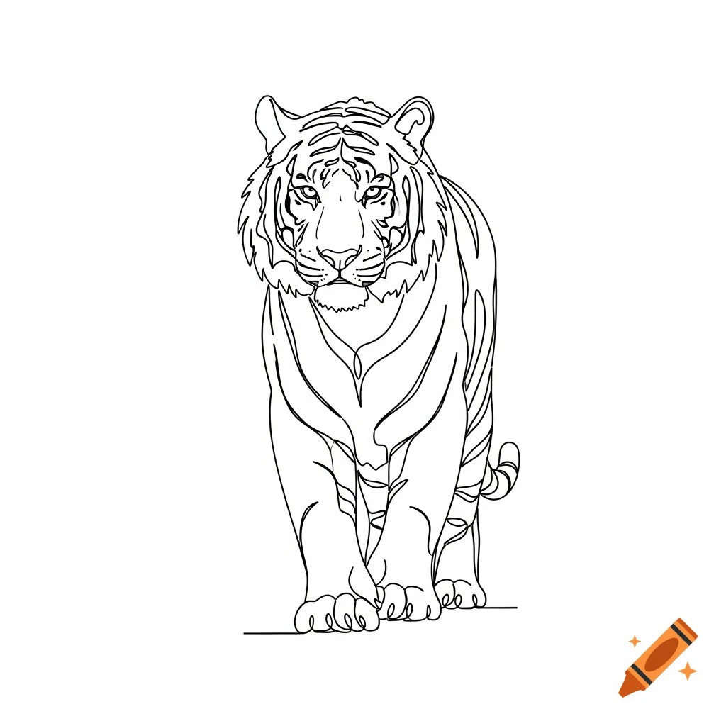 Minimalist line drawing of a tiger facing forward.