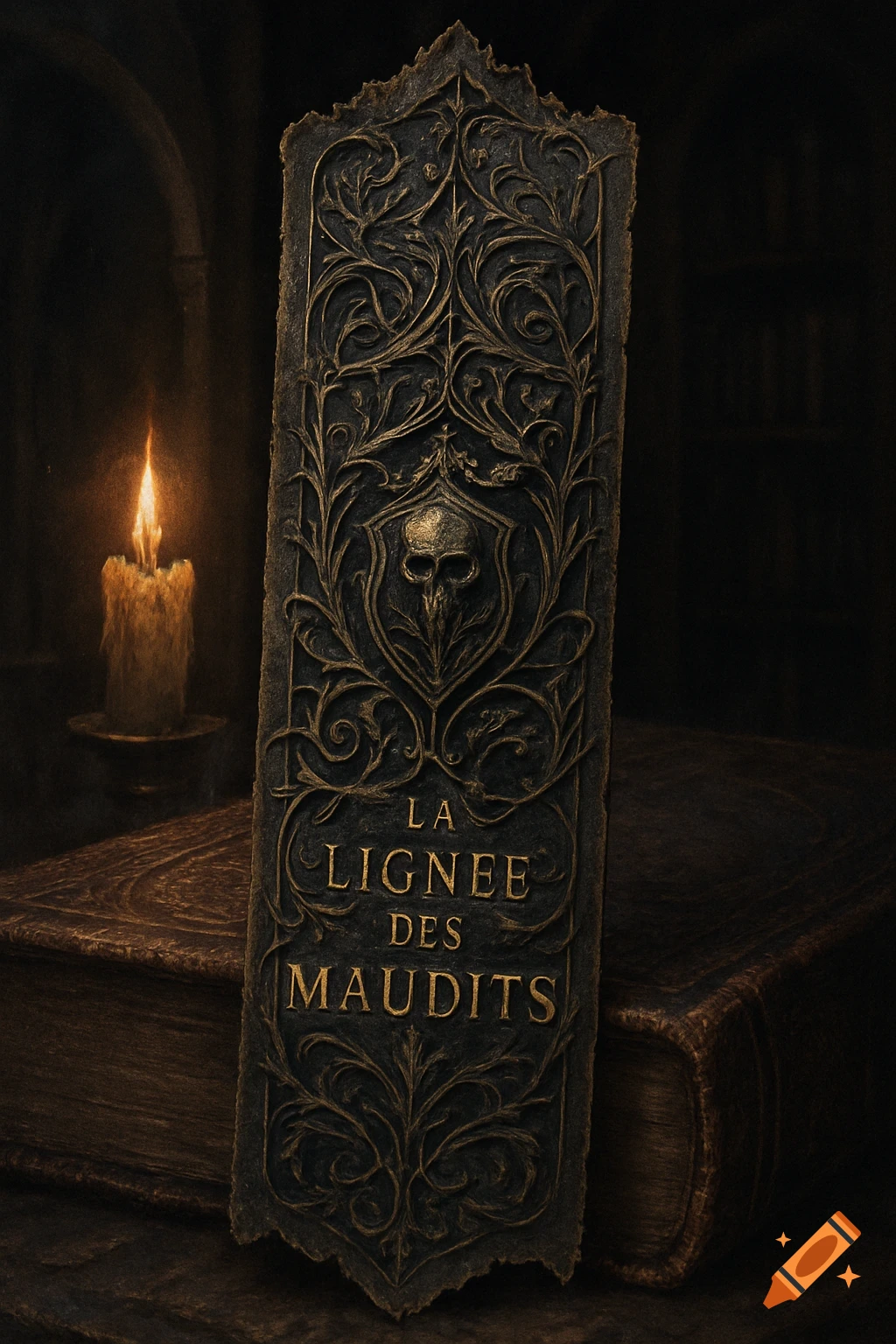 A gothic bookmark with a skull and golden text 'LA LIGNEE DES MAUDITS' on a dark, ornate background, next to old books and a burning candle.