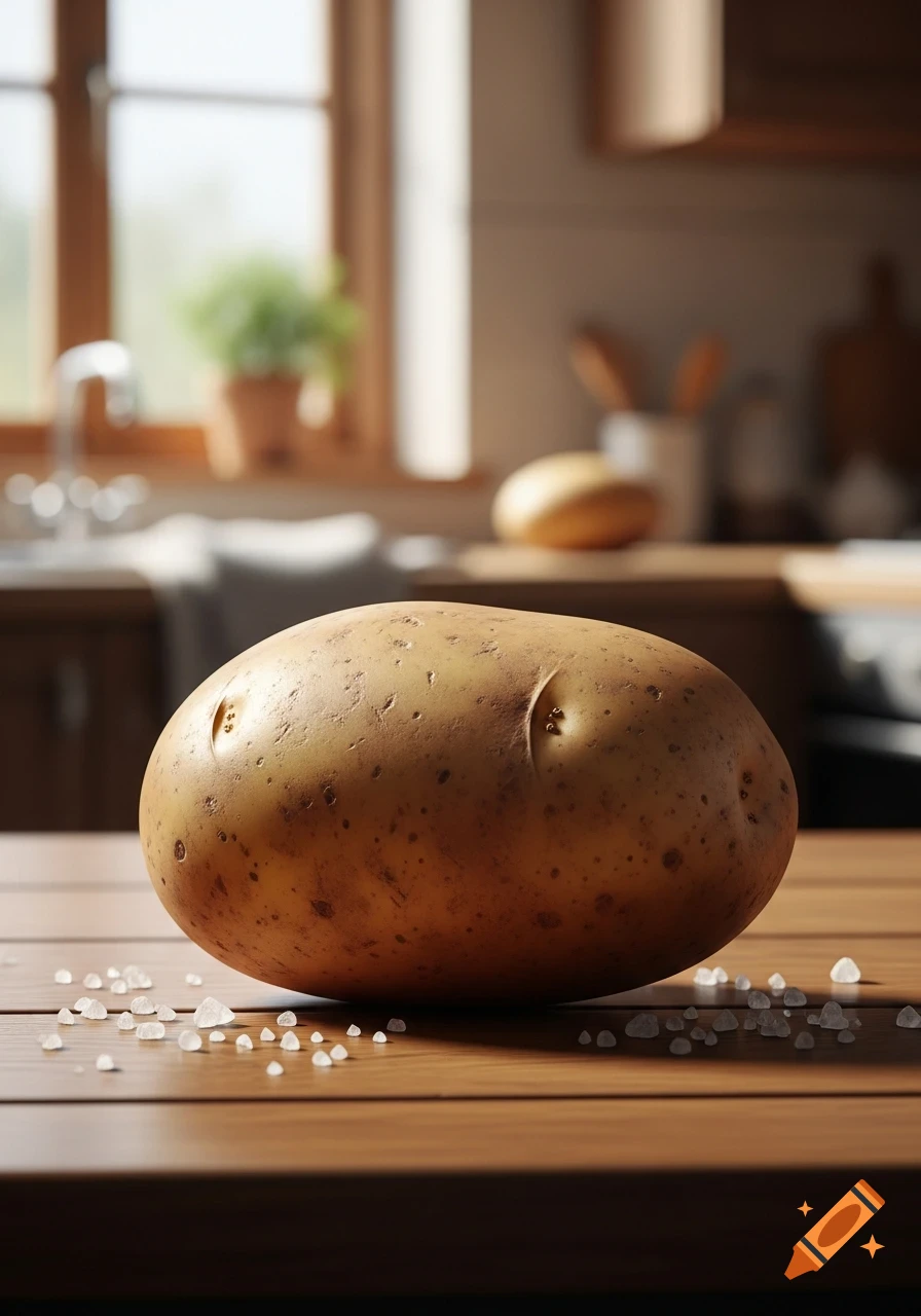A close-up, photorealistic image of a raw potato resting on a wooden table, surrounded by scattered salt crystals, with a blurred kitchen background.