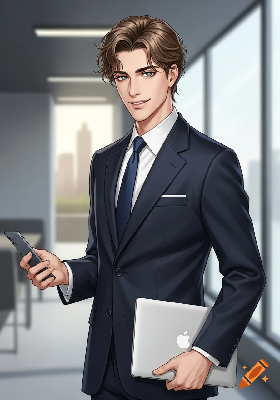 An anime-style businessman in a dark suit holds a phone and laptop, smiling in a modern office.