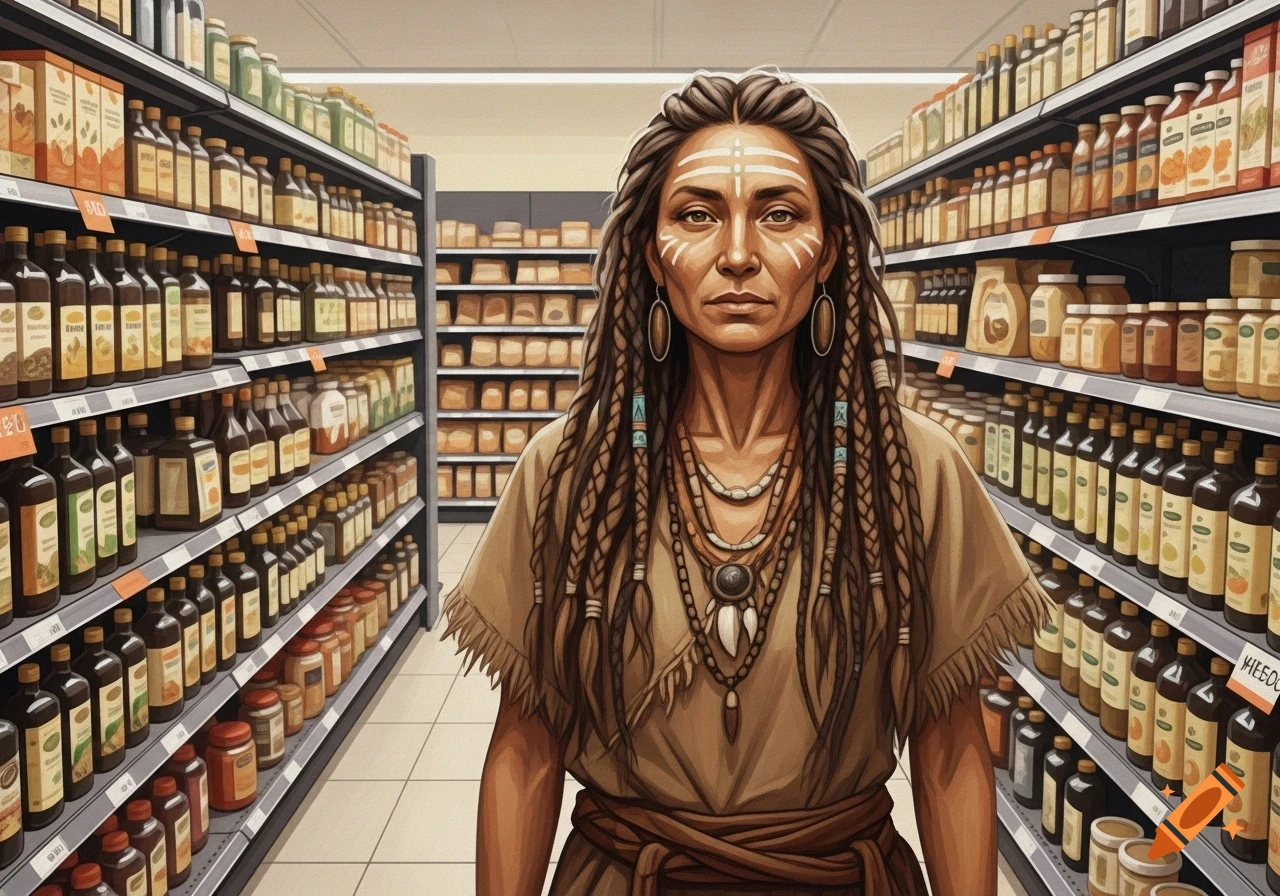 Oil painting of a shamanic woman with braided hair and face paint in a supermarket aisle filled with products.