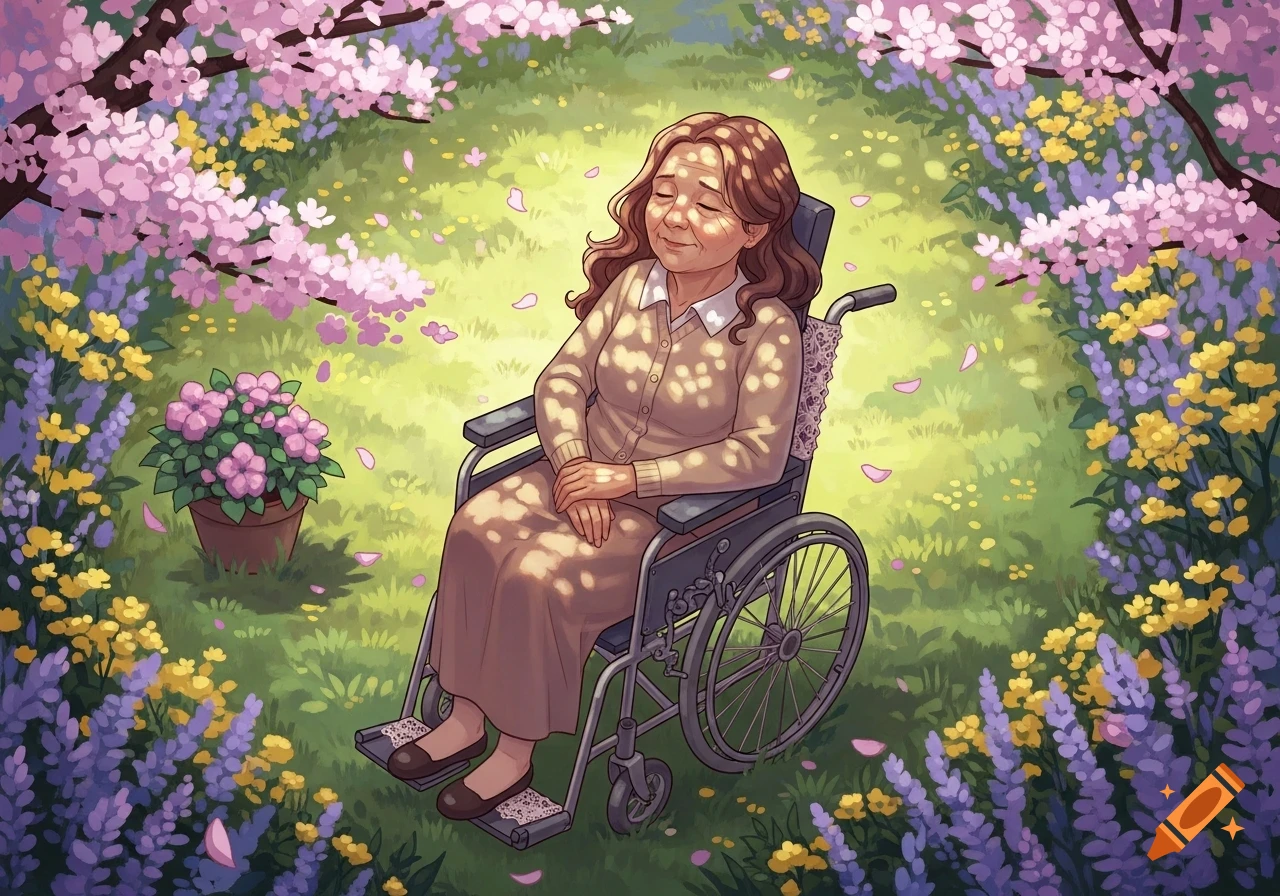 Illustrated elderly woman in a wheelchair relaxing in a sunny garden with pink cherry blossoms and colorful flowers.