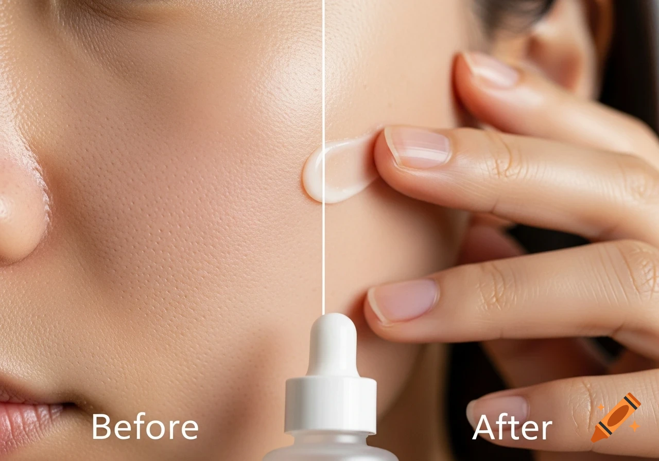 A close-up before and after image showing a person's skin texture; one side with visible pores, the other smooth with cream being applied.