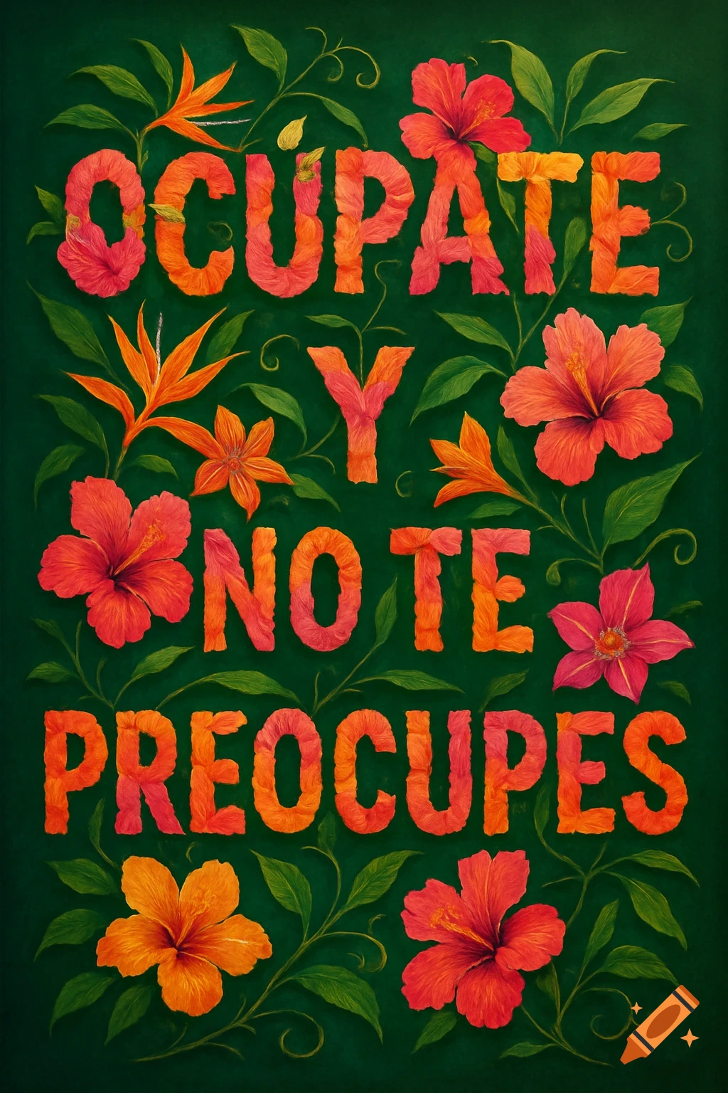 Spanish phrase 'OCÚPATE Y NO TE PREOCUPES' formed by vibrant tropical flowers and leaves on a dark green background.