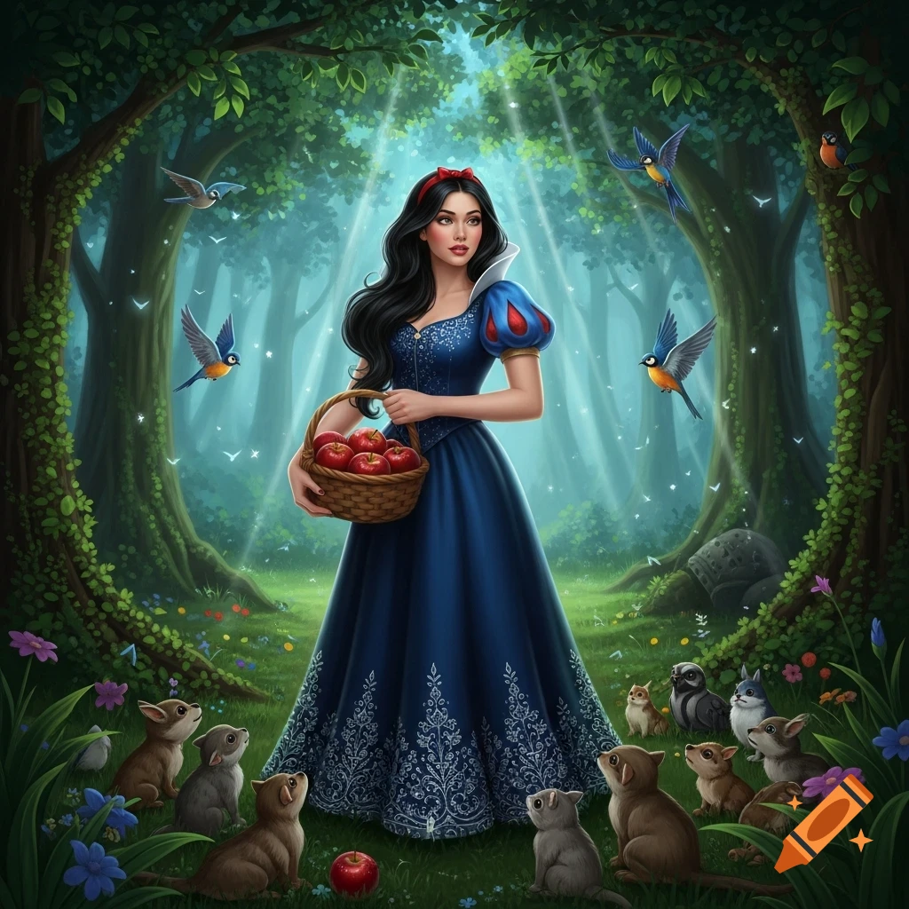 Snow White in a blue dress stands in a magical forest, holding a basket of red apples while birds fly and woodland creatures gather at her feet.
