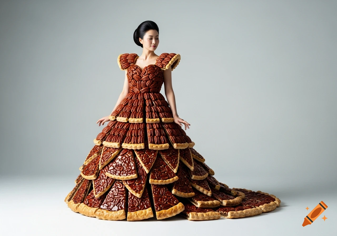 A woman wears an elaborate, flowing gown made entirely of pecan pies, posing elegantly against a simple gray background.