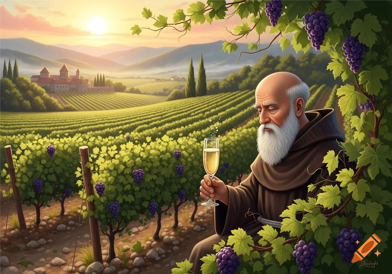 An old monk in a brown robe holding a glass of champagne in a sunlit vineyard with purple grapes and a distant building.