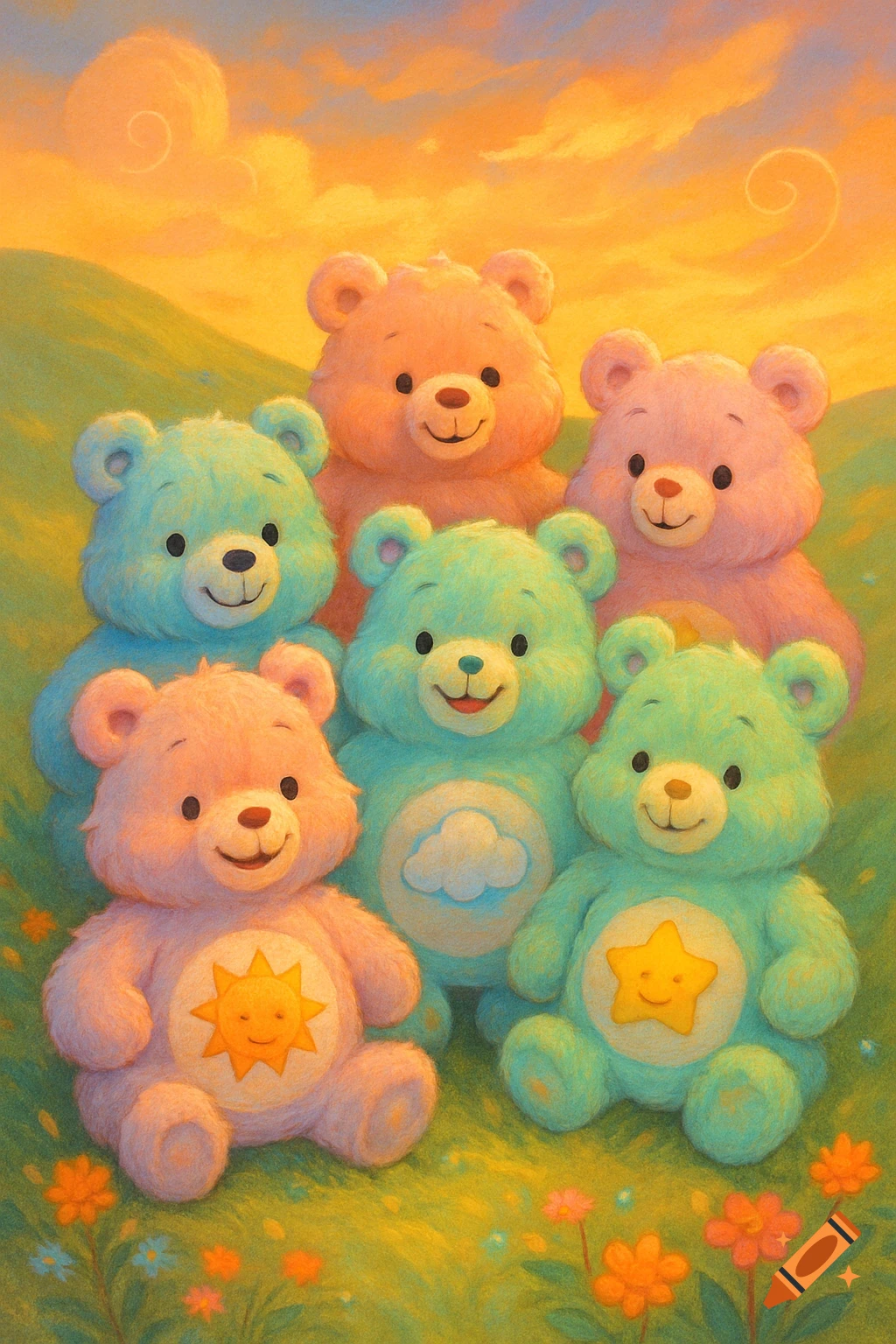 Six colorful, cuddly, cartoon-like bears with various belly icons sit in a grassy field under a warm, orange sunset sky.