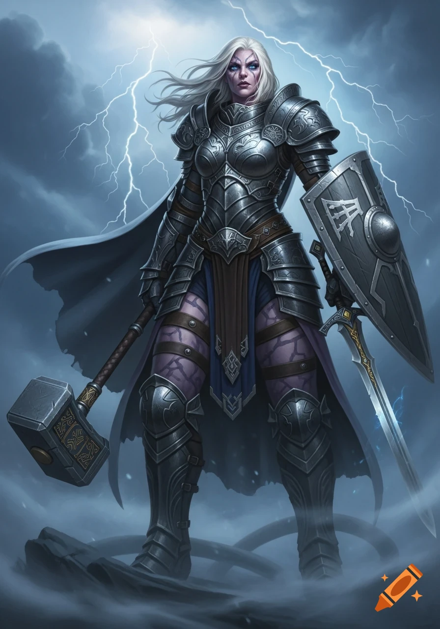 A powerful female Goliath warrior in adamantine plate armor, holding a great hammer and a shield with a longsword, stands under a stormy, lightning-filled sky.