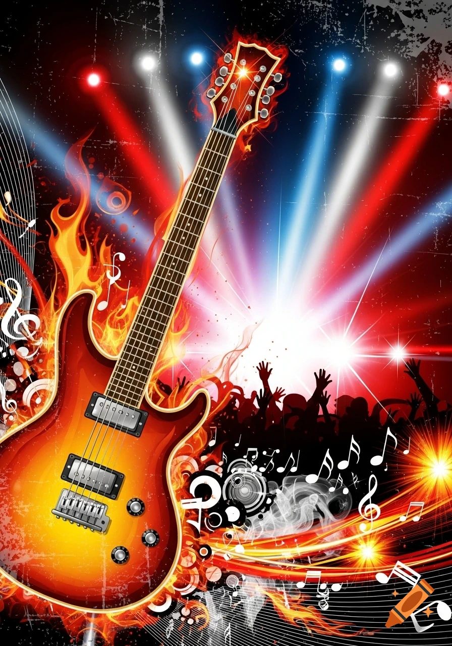 Stylized illustration of a flaming electric guitar on a concert stage with spotlights, musical notes, and a silhouetted crowd.