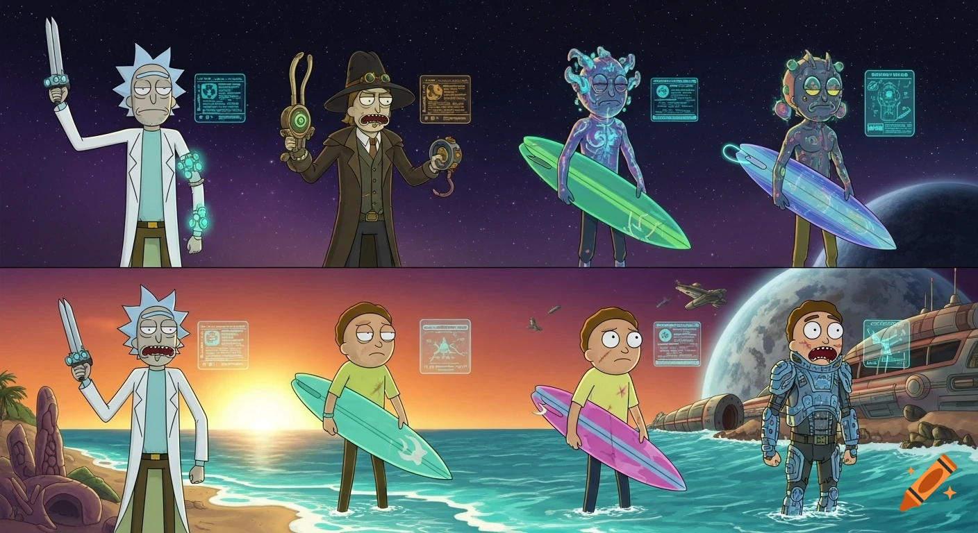 Rick and Morty characters in various forms, including cybernetic, Victorian, mutated, space-surfer, battle-scarred, and retro-futuristic, against space and beach backgrounds.