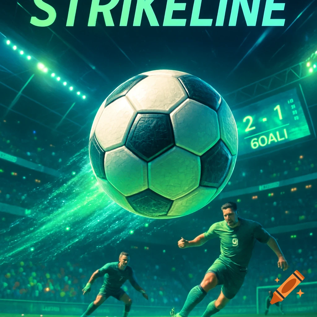 A dynamic shot of a soccer game under bright stadium lights, with a large soccer ball in mid-air leaving a green trail, and players in green uniforms. The word "STRIKELINE" is at the top, and a scoreboard shows "2-1" and "60ALI".