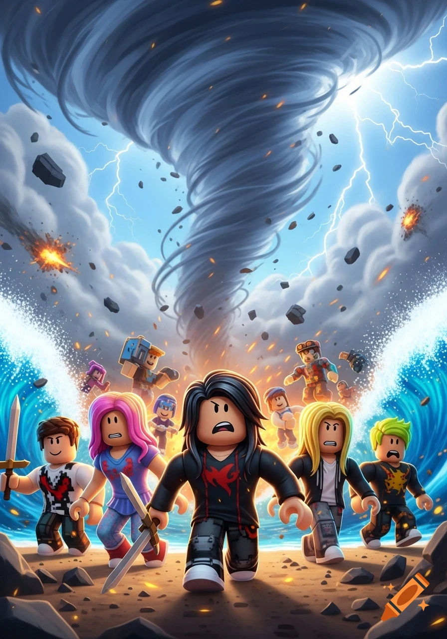 Roblox characters flee a natural disaster with a towering tornado, lightning, and huge waves on a beach.