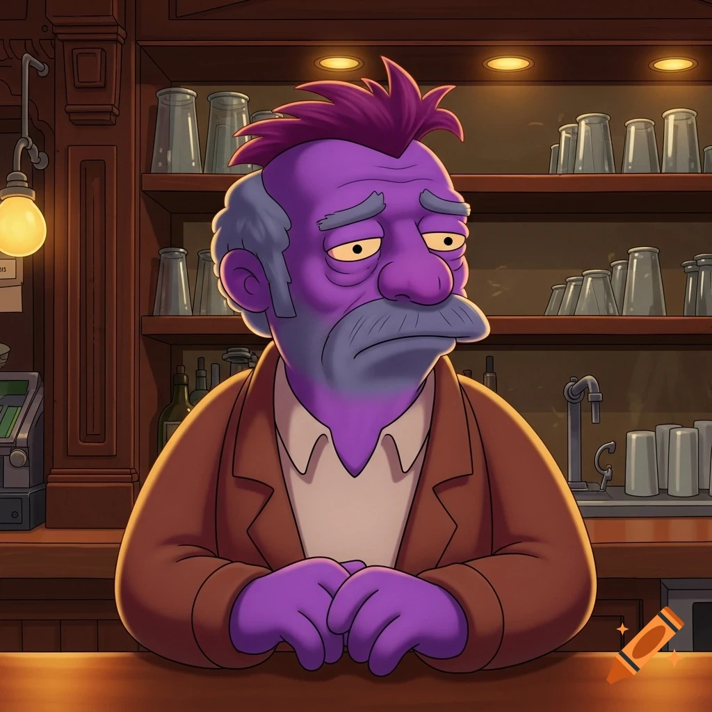 A sad, purple Moe Szyslak with a mohawk and mustache leans on a bar in a cartoon style, glasses on shelves behind him.