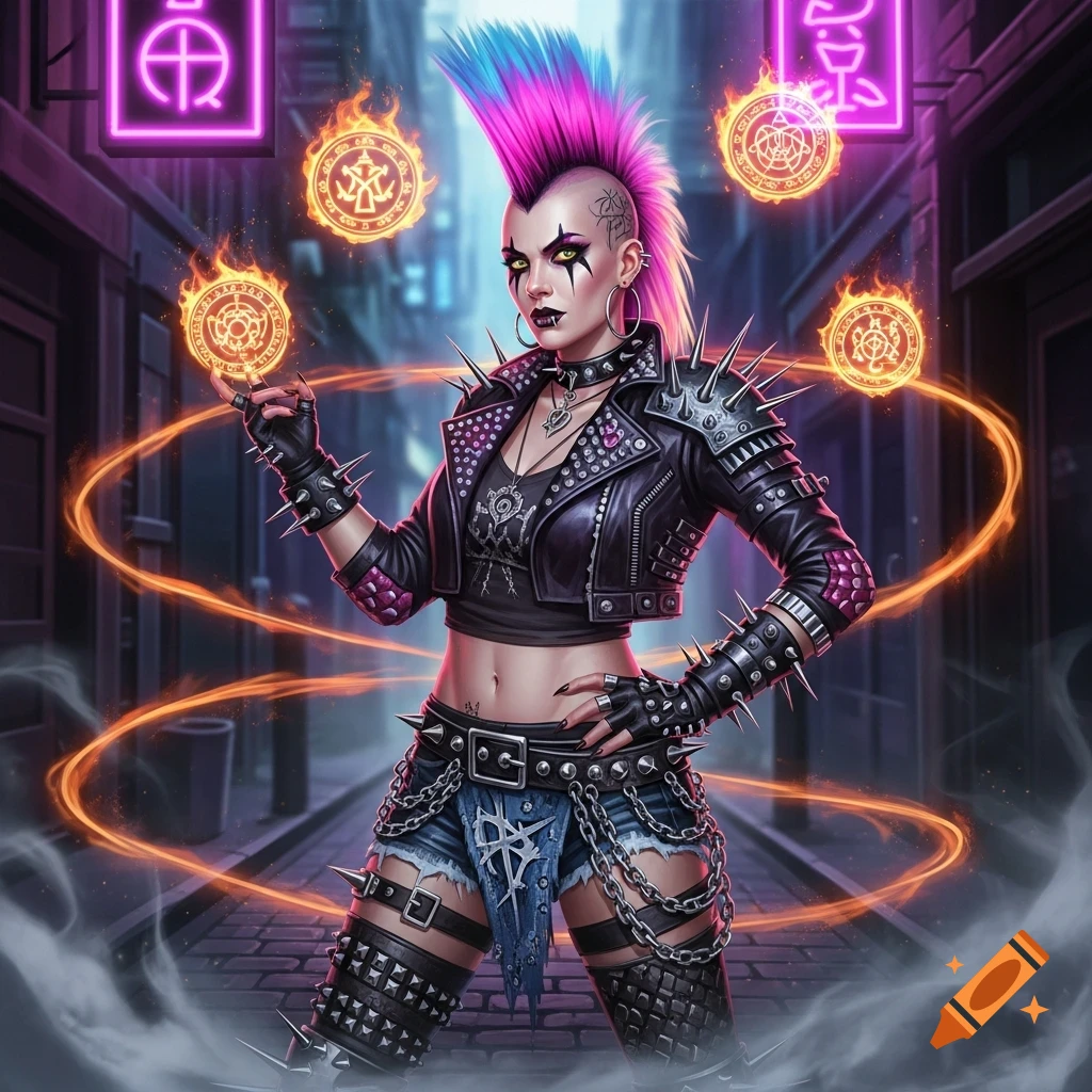 A vibrant digital art image of a punk witch with a mohawk in a dark alley, conjuring glowing magical orbs.