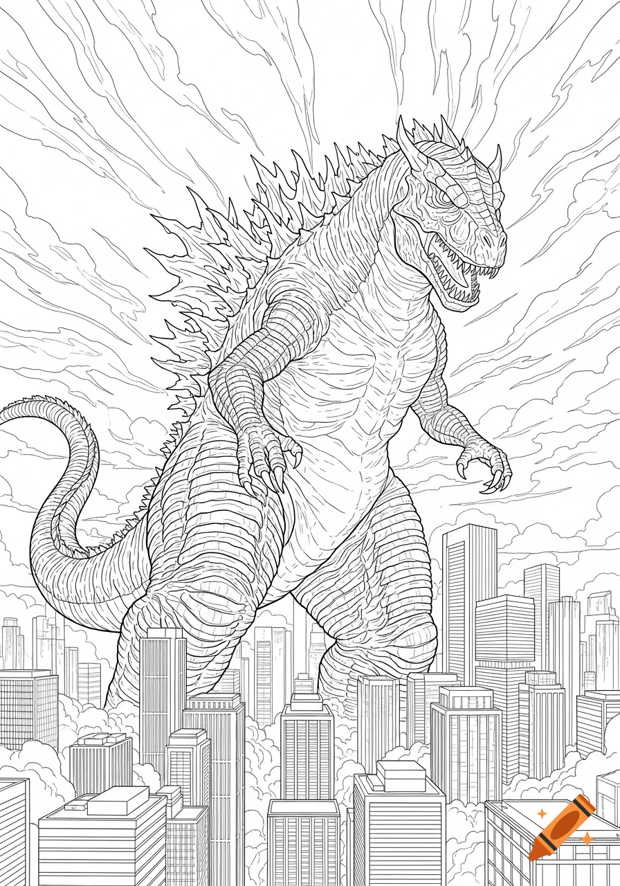 Black line art coloring page of a giant Godzilla-like kaiju standing over a city.