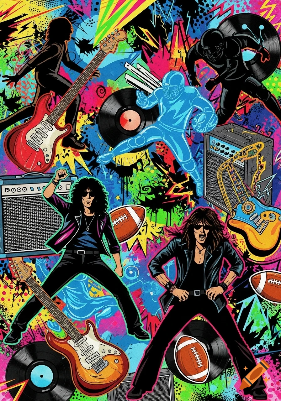 Vibrant pop art collage with rock musicians, electric guitars, vinyl records, and football players against a neon-colored graffiti background.