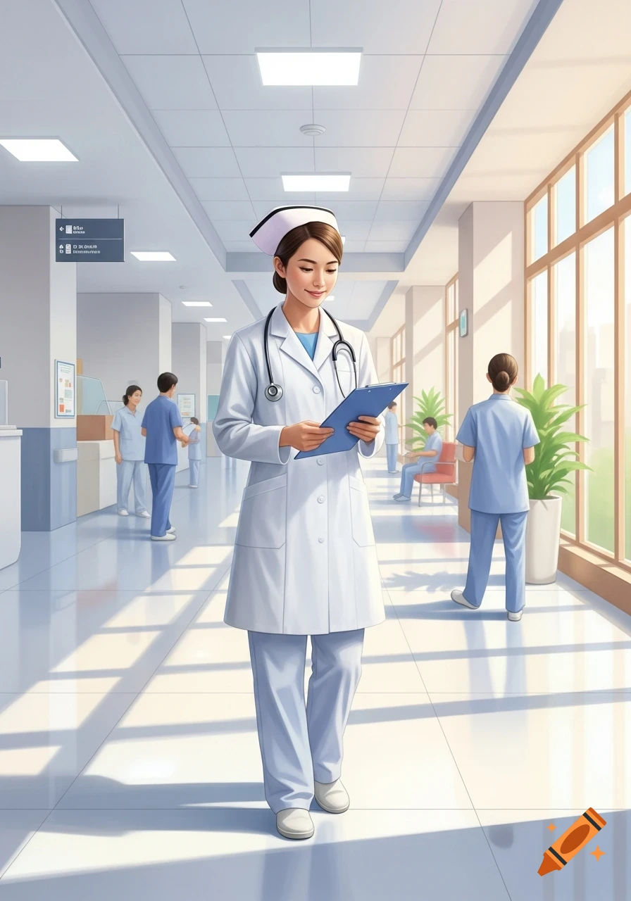 A smiling nurse in a white coat and cap walks through a sunlit hospital corridor, holding a blue clipboard.