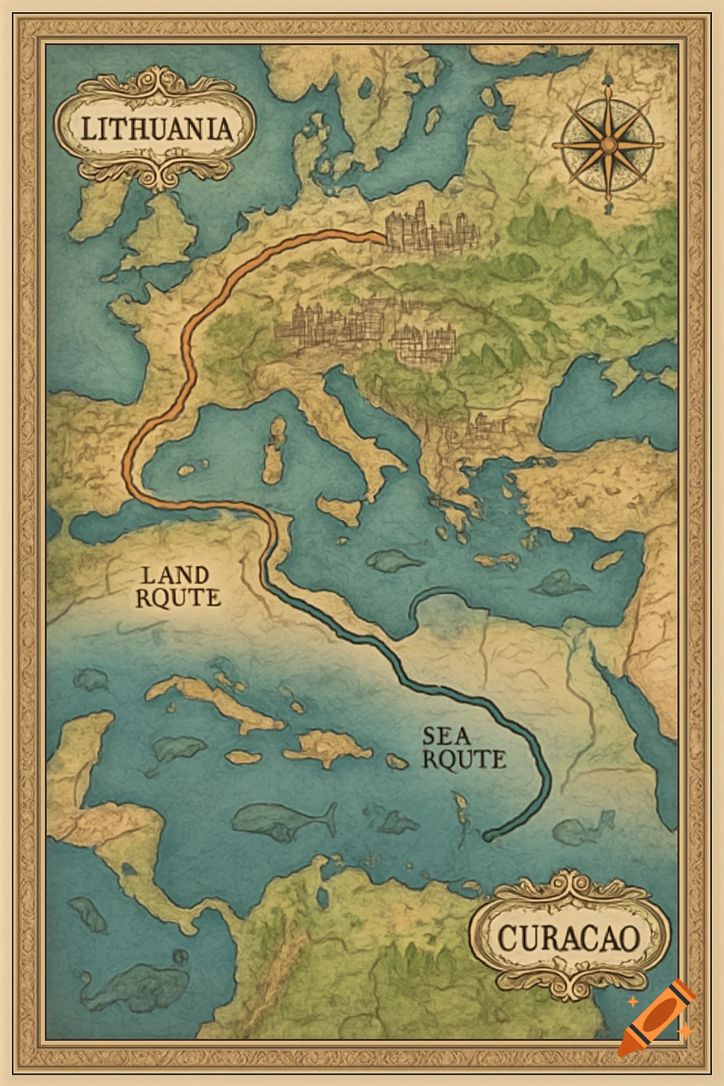A vintage-style map showing land and sea routes from Europe (Lithuania) to the Caribbean (Curacao).