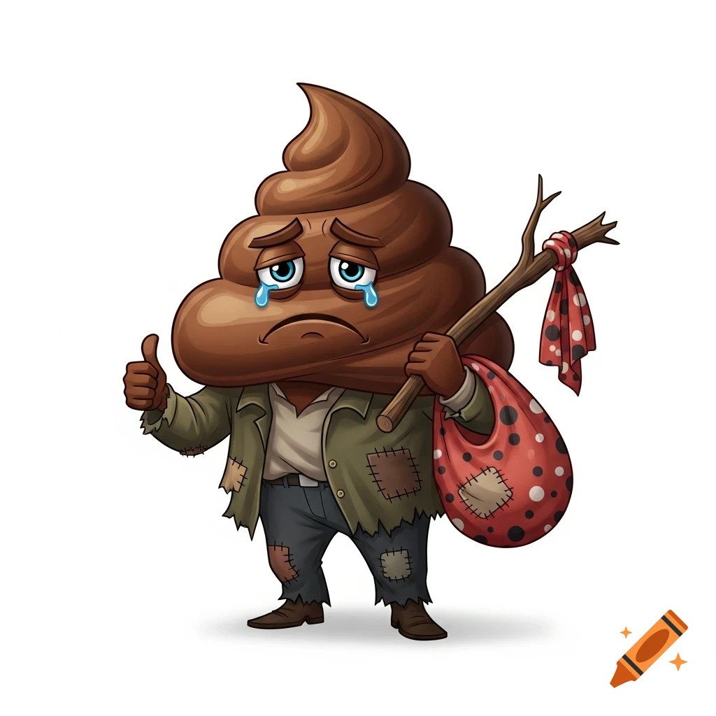 A sad, cartoon poo emoji character dressed as a hobo, holding a stick with a red polka-dot bindle, gives a thumbs up on a white background.