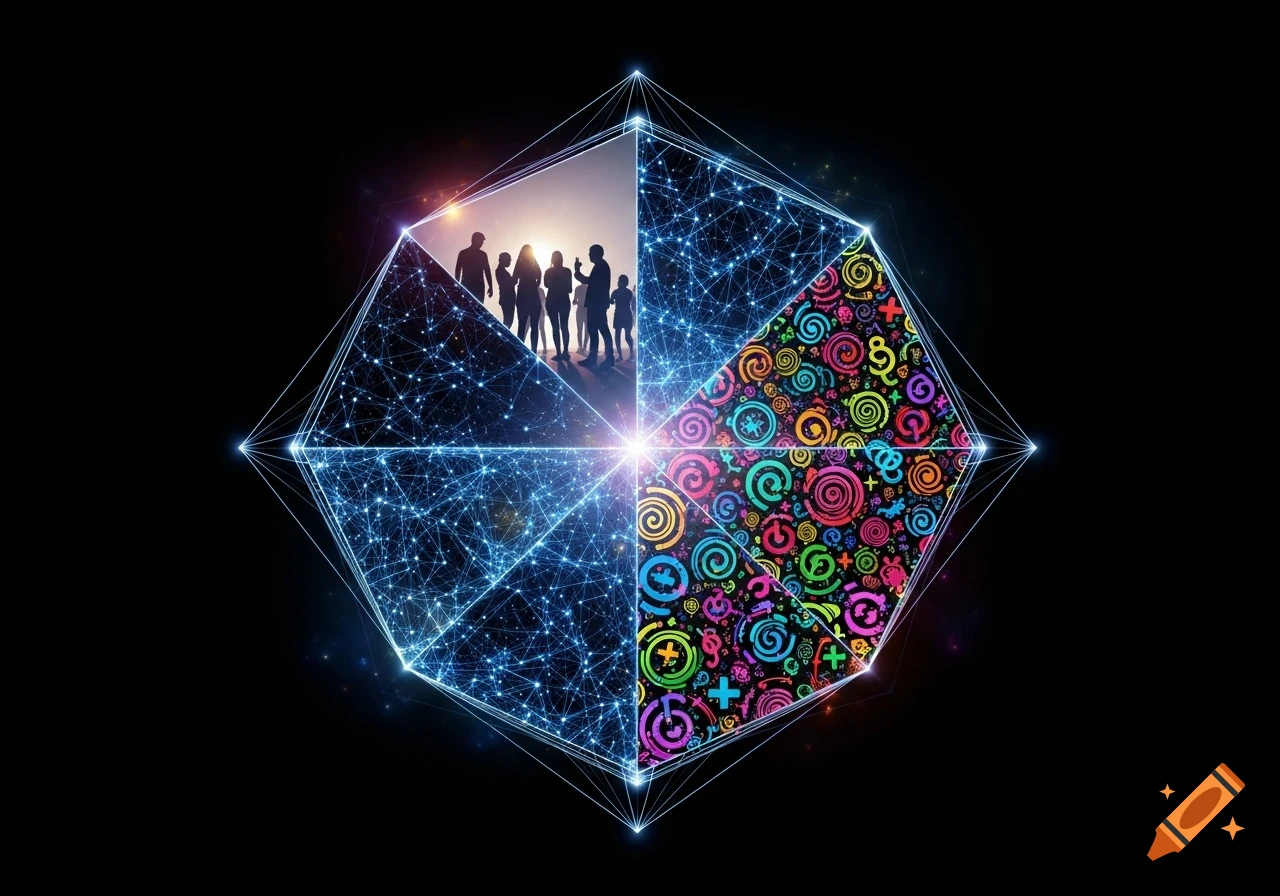 Abstract geometric shape with sections of human silhouettes, blue data patterns, and colorful symbols floating in dark space.