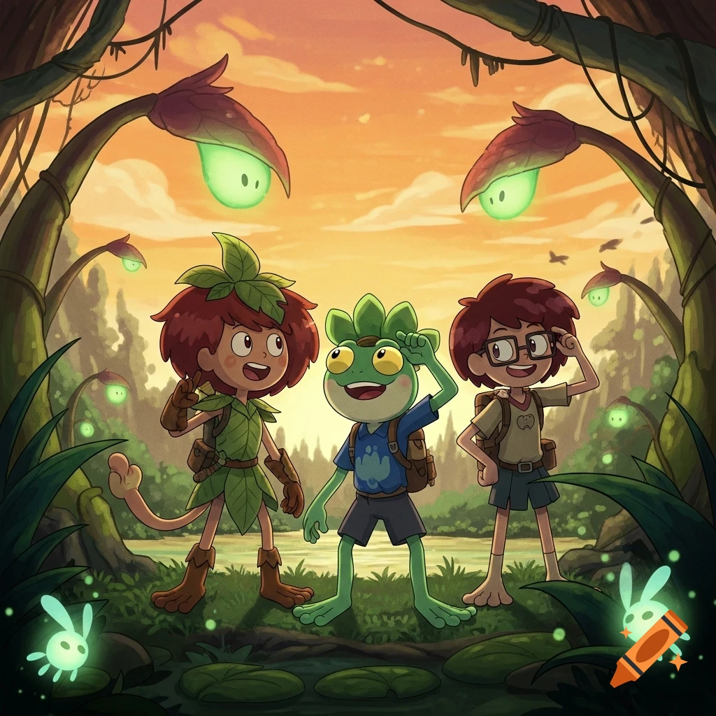 Three cartoon characters, two human-like and one frog, stand in a lush, glowing forest at sunset, smiling.