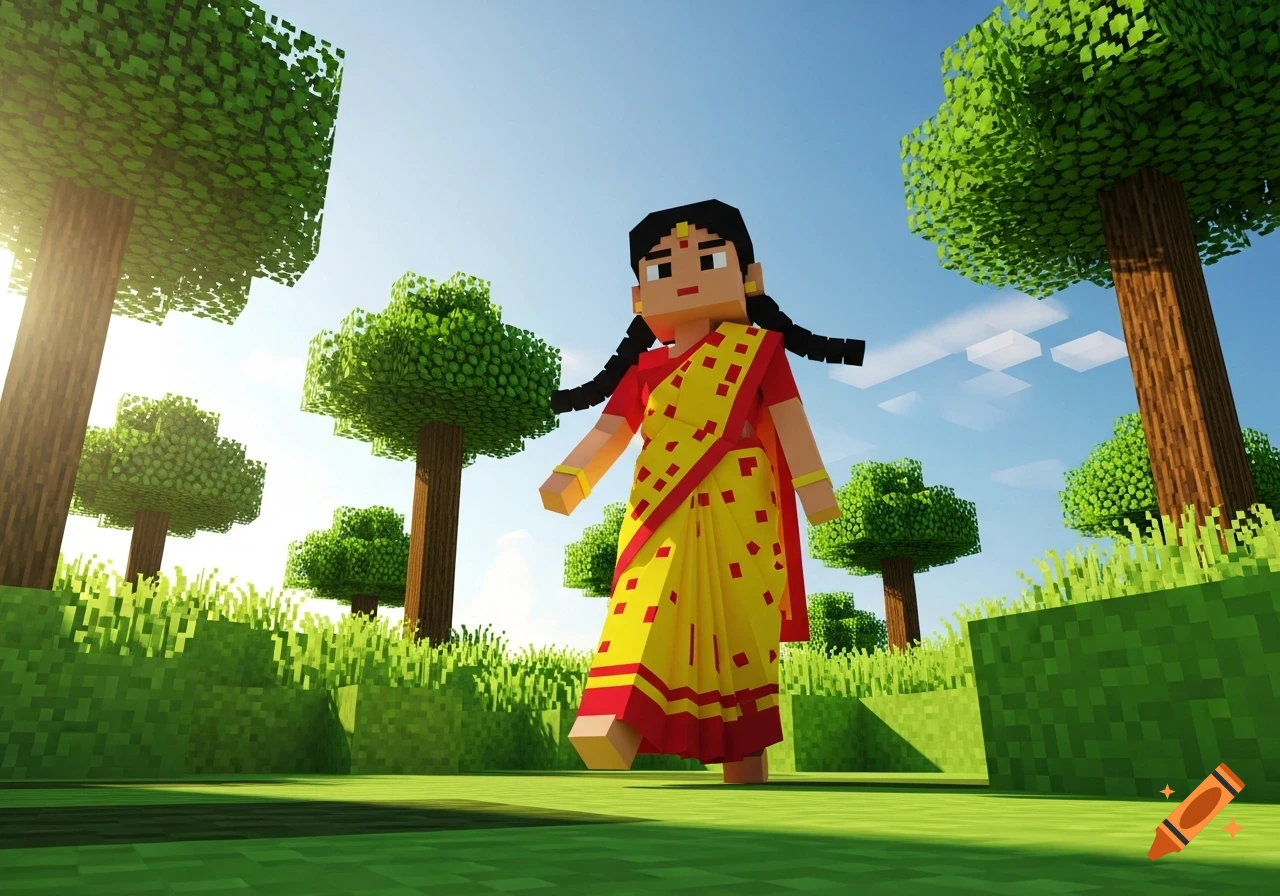A blocky Indian girl character in a yellow and red sari walking through a grassy Minecraft-style landscape with trees.