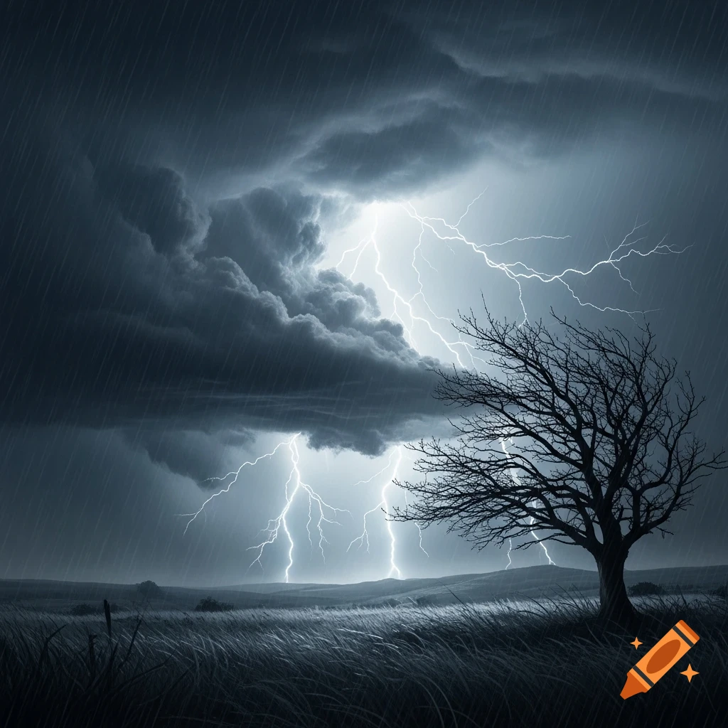 A dramatic stormy landscape with dark clouds, heavy rain, multiple ...