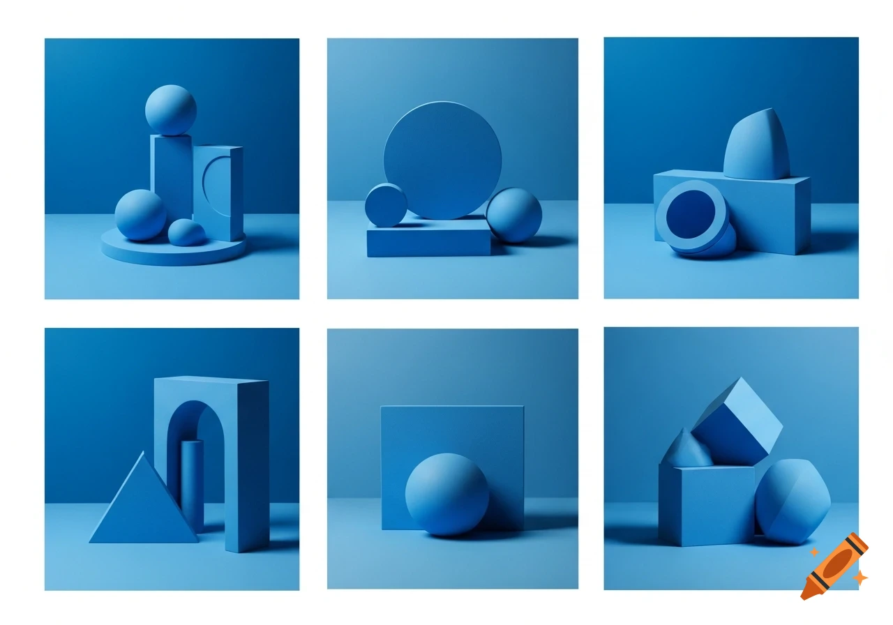 Six minimalist compositions of blue geometric shapes like spheres, cubes, and arches, on a monochromatic blue background.