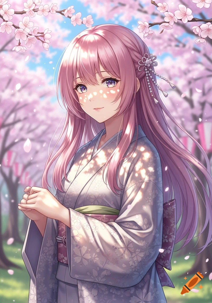 An anime girl with pink hair in a white kimono stands under cherry blossoms, bathed in sunlight.