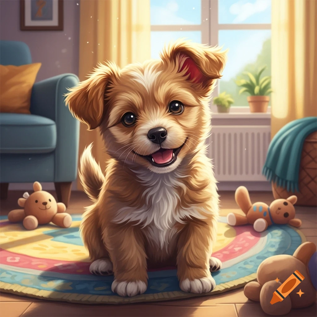 A happy, fluffy brown and white puppy sits on a colorful rug surrounded by toys in a sunny room.