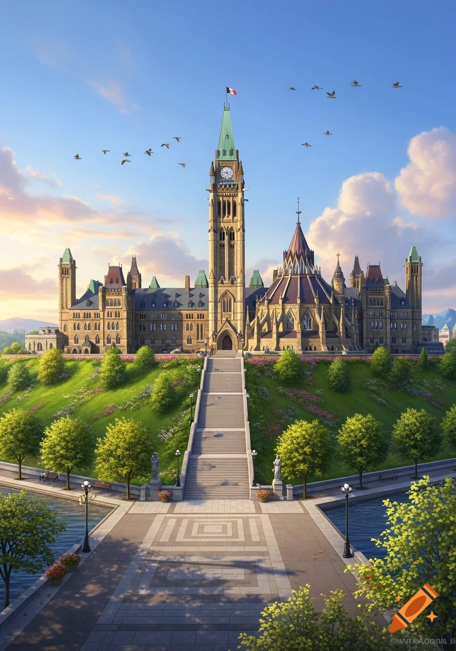 Grand, ornate Parliament building with a tall clock tower, situated on a green hill with gardens, leading down a long staircase to a paved promenade and water.