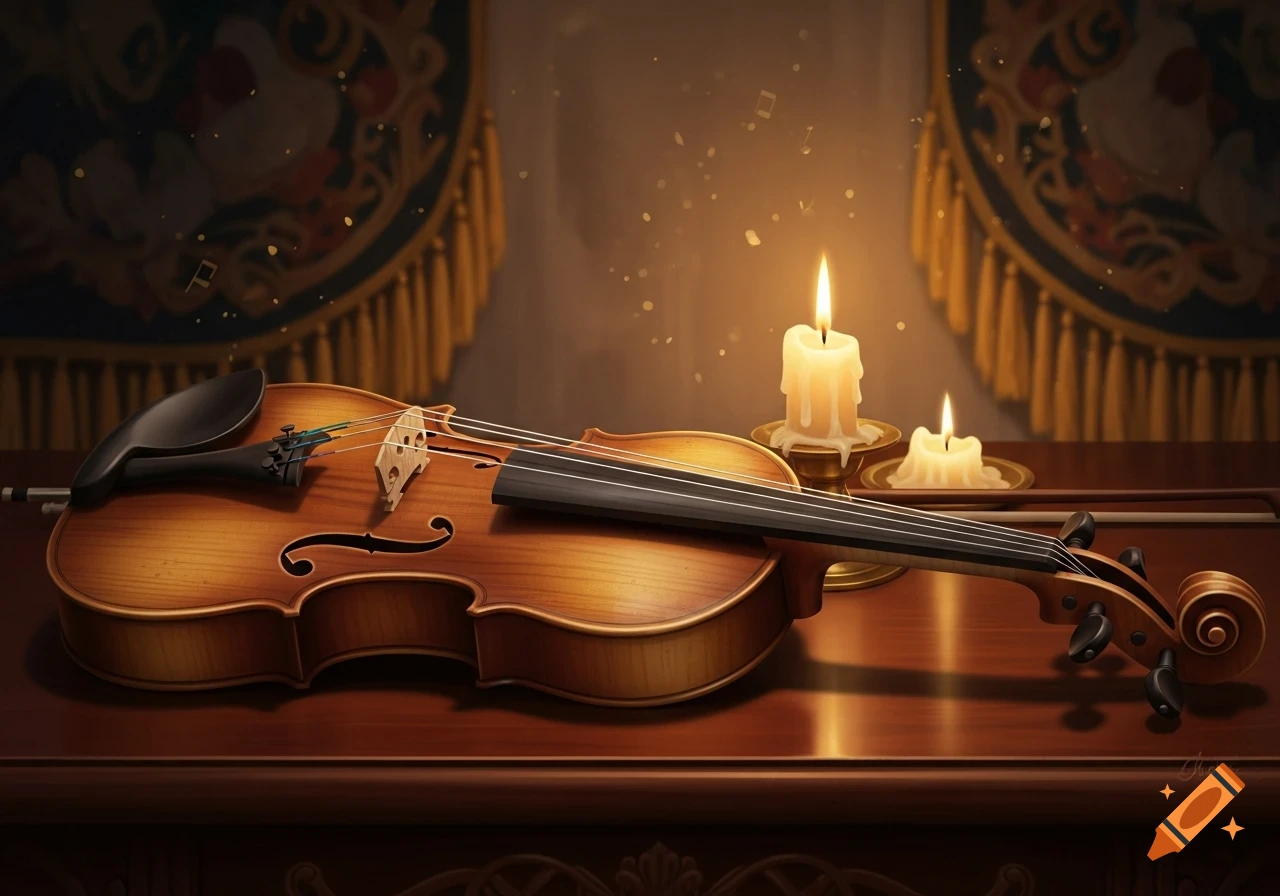 A wooden violin and bow rest on a polished table next to two lit candles, with decorative drapes in the background, creating a warm, classical atmosphere.