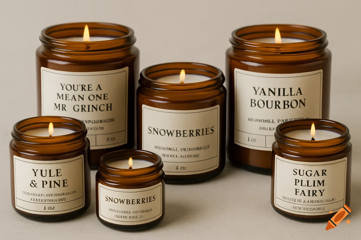 Six amber-colored jar candles with white labels and burning wicks, displaying various scent names.