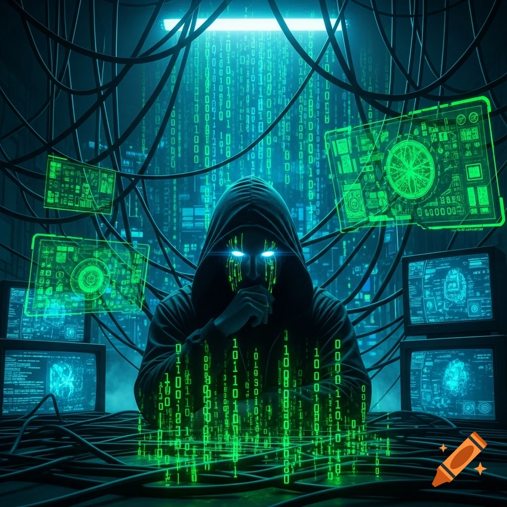 A hooded hacker with glowing green eyes and binary code around them, surrounded by screens and cables in a dark, digital environment.