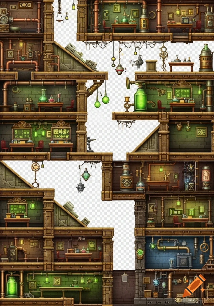 A detailed, multi-level steampunk industrial game tilemap featuring pipes, machinery, glowing green elements, and lab tables.